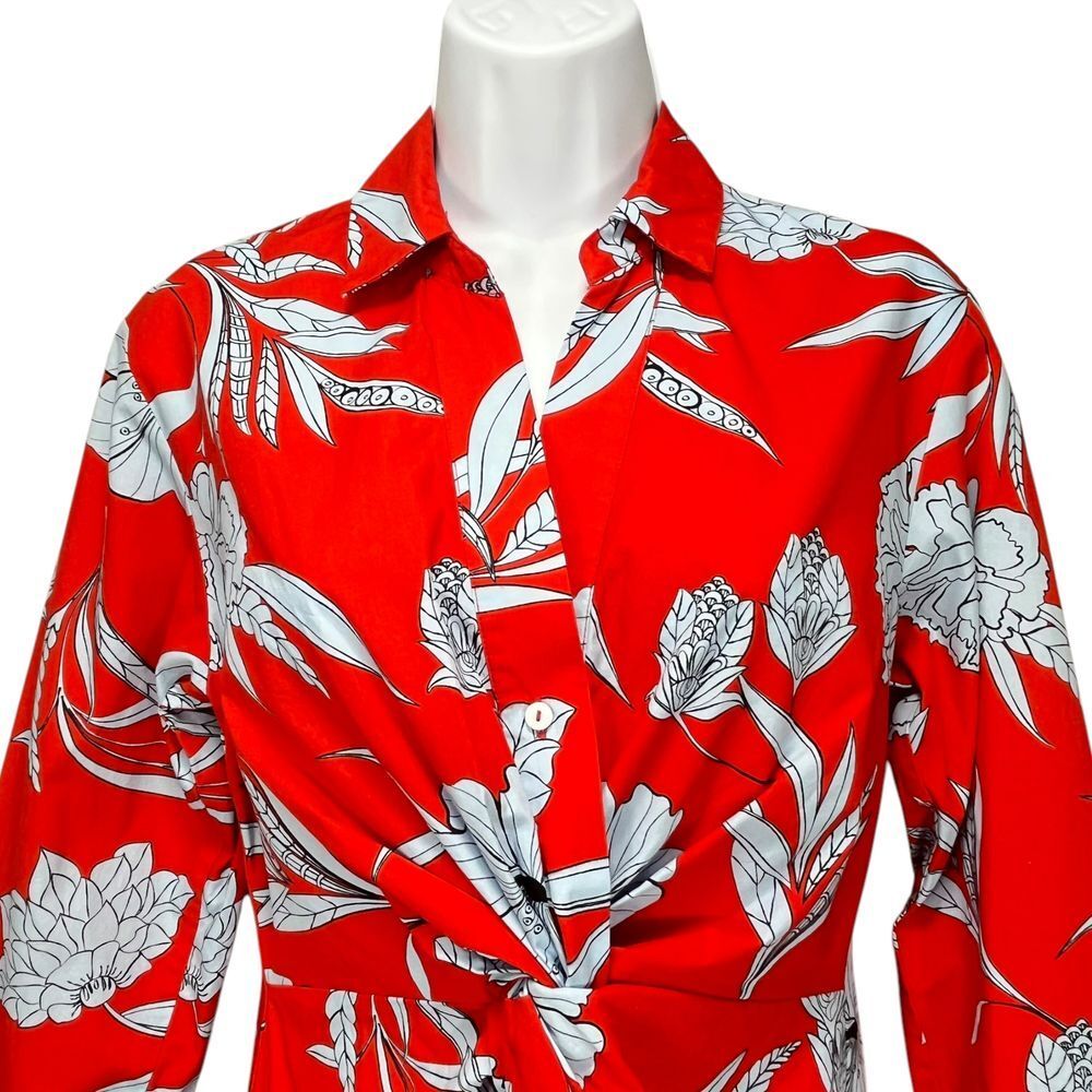 Zara Women's XS Red Floral Twist-Front Long Sleeve Button-Up Shirt Midi Dress - Picture 2 of 8